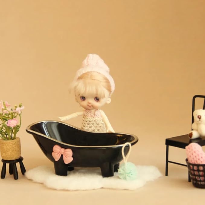 Minamzee Dollhouse Bathtub, 1:12 White Miniature Bathtub with Blue Bath Ball and Carpet, Dollhouse Bathroom Furniture for Home Decor Accessory (Beige)