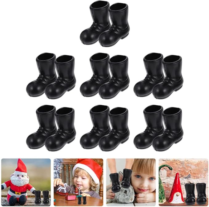 Ipetboom Mini Santa Boots - 7 Pairs Christmas Small Gnome Shoes Gnomes Santa Claus Tiny Boot Model for Crafts - Black Plastic Doll Shoes for Christmas Decor Dollhouse Ornaments Costume Accessories