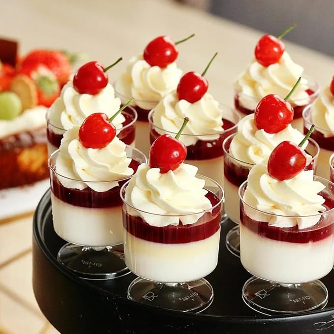 Zezzxu 2 oz Mini Dessert Cups with Spoons, 100 Pack Disposable Appetizer Cup Mousse Cups Small Plastic Wine Glasses for Serving Individual Pudding Shots, Cocktail, Trifle