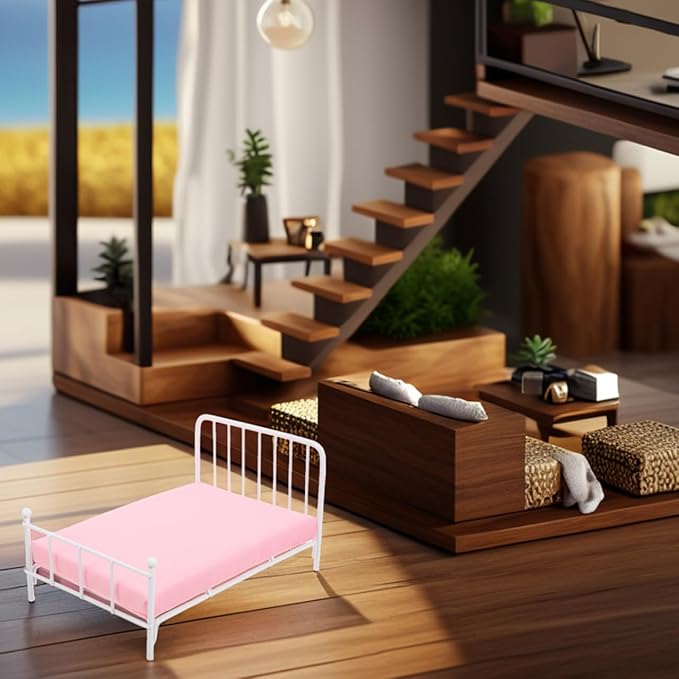 Totority Miniature Dollhouse Bed with Mattress 1/12 Scale Vintage Frame Small Doll Bed Furniture for Bedroom Decor Creative Play Accessories