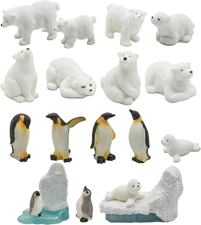 18Pcs Mini Realisitic Arctic Animals Figurines Resin Polar Bear Penguin Seal Iceberg Figures Miniature Cake Toppers for DIY Diorama Fairy Garden Birthday Party Gift