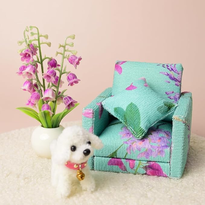 Funky Mini House Miniature Dollhouse Armchair 1:12 Scale Dollhouse Corduroy Armchair+Pillow - Green Floral Armchair & Matching Cushion Set for Dollhouse Decor Ideal Birthday (Green)
