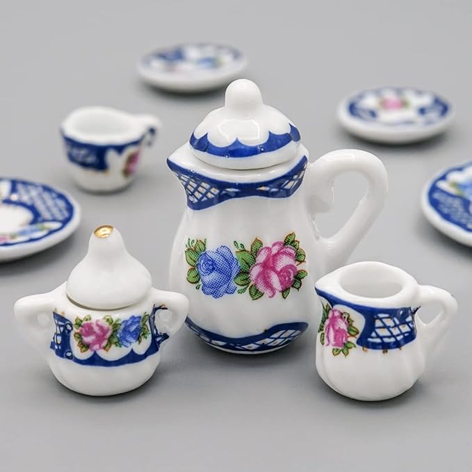 Odoria 1/12 Miniature Porcelain Tea Set 15Pcs Dollhouse Decoration Accessories, Blue Blossom