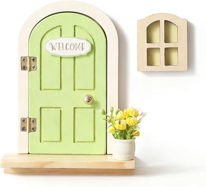 Mamimami Home Green Balcony Little Magical Fairy Door with Base, 13cm 5.12 inch Elf Miniature Tiny Door with Flowerpot and Window, Tooth Fairy Door Handmade Christmas Decorations
