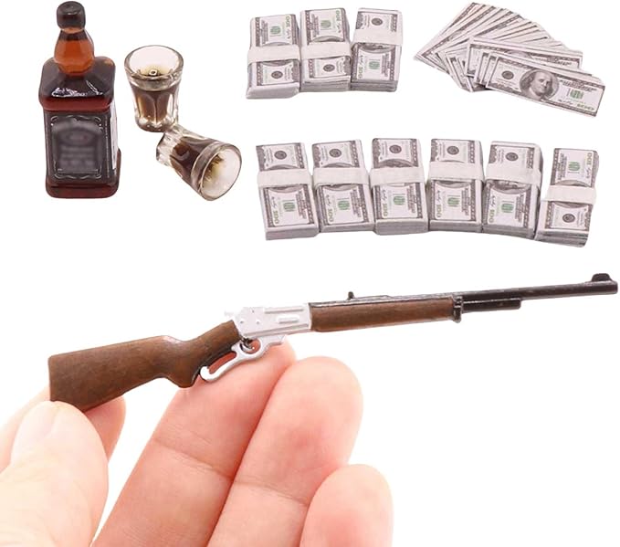 FTYHXP 1 Set Miniature Things 1/12 Scale Dollhouse Accessories Miniature Money Mini Gun Mini Wine Bottle Model for Tiny Doll House Accessories,Action Figure Props,DIY Craft Projects.Tiny Collectibles