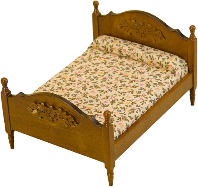1:12 European Double Bed Model Miniature Wooden Bed DIY Scene Model 1/12 Miniature Bedroom Furniture for Bedroom Decoration