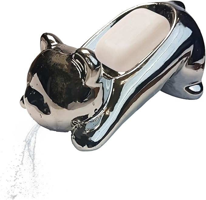 Ceramic Bear Soap Tray with Drain, Soap Dish Container, Dish Soap Tray, Multipurpose Holder for Shower, Bathroom, Kitchen & Counter jabonera para baño (Silver)