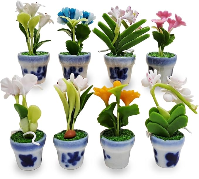 WitnyStore Tiny 2" High 8 Pieces Set Mix Hand Made Artificial Flowers Realistic Colorful Miniature Modelling Clay Flower Pots Brilliant Variety of Imitation House Plant Species Home Decoration
