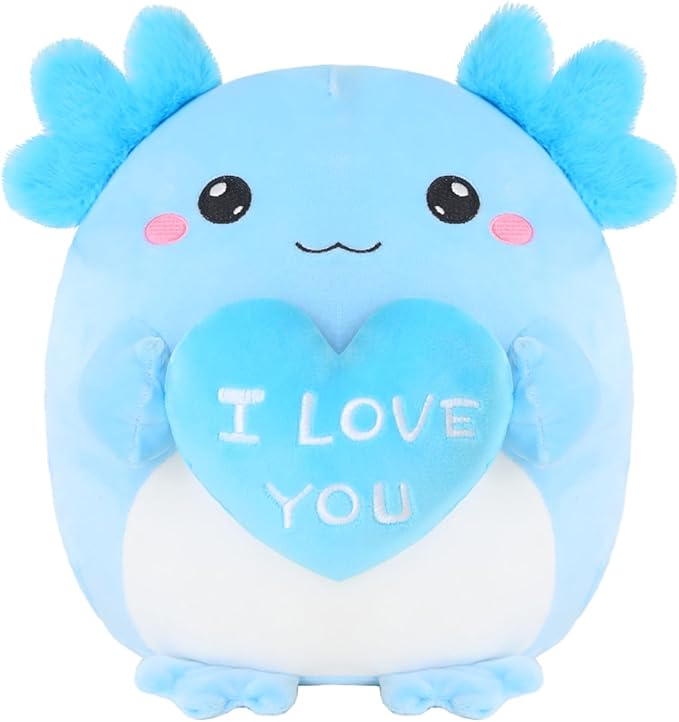 Axolotl Stuffed Animal, Loving Axolotl Plush Toys with Holding Heart I Love You for Valentine's Day, Sweet Romantic Anniversary Birthday Gift for Girlfriend/Boyfriend(Blue,10 inch)