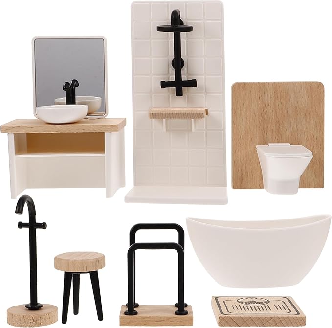 Veemoon 1:12 Scale Miniature Dollhouse Bathroom Set, 8pcs Dollhouse Shower Room Furniture Accessories Mini Bathroom Decoration Props Basin Toilet Bathtub Stool Shower
