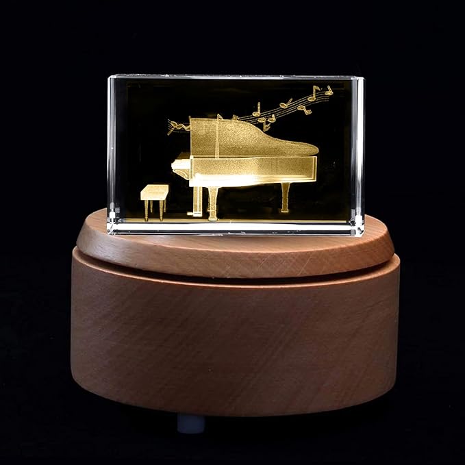 XINDAM 3D Piano Paperweight Laser Etched in Crystal Glass Cube for Graduation Christmas Birthday Valentine's Day (Included LED Base)