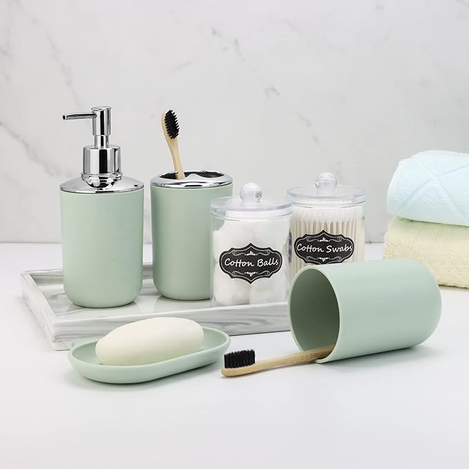 IMAVO Bathroom Accessories Set,Green Bathroom Set,9 Pieces Bathroom Accessory Set,Tray,Qtip Holders,Toilet Brush,Trash Can for Bathroom Décor and Home Gifts