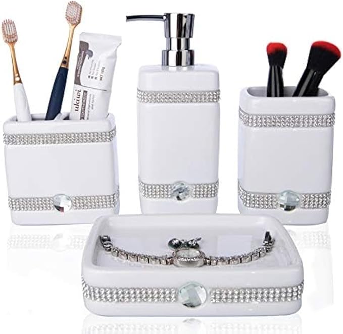CAA'S Bathroom Accessories Set Ceramic 4 Pieces Bathroom Ensemble for Bath Decor Includes Lotion Dispenser Toothbrush Holder Tumbler Soap Dish (White Inlaid Zircon)