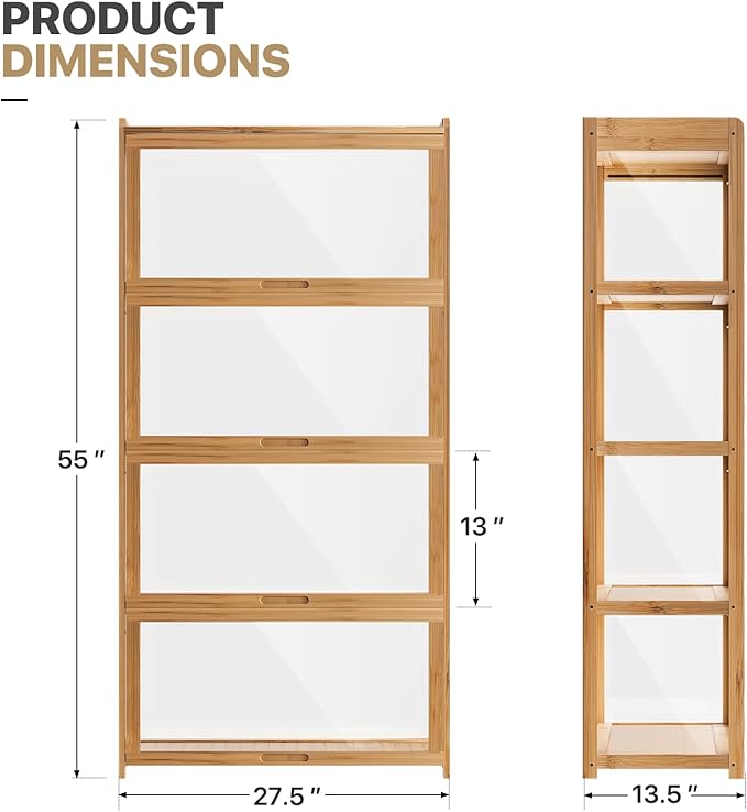 MoNiBloom 55" Curio Display Cabinet with Doors, 4-Tier Bamboo Showcase Storage Cabinet Shelf Collectibles Toy Display Case for Living Room, Natural