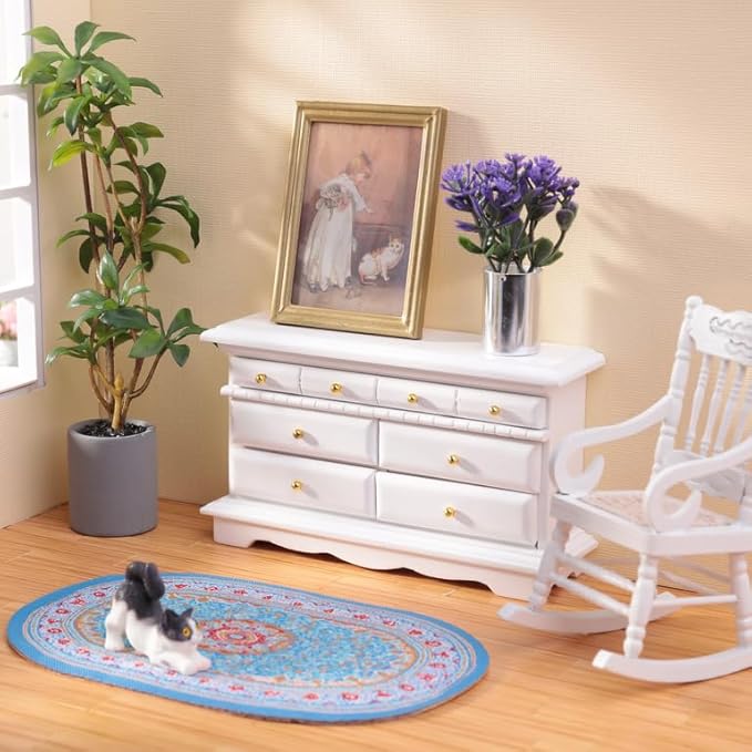 3Pcs 1:12 Dollhouse Side Cabinet Furniture Set, Wooden Miniature Wall Chest Cabinet with Drawers, Art Painting & Potted Plant, Cupboard Doll Accessories for Living Room,Kitchen Bedroom