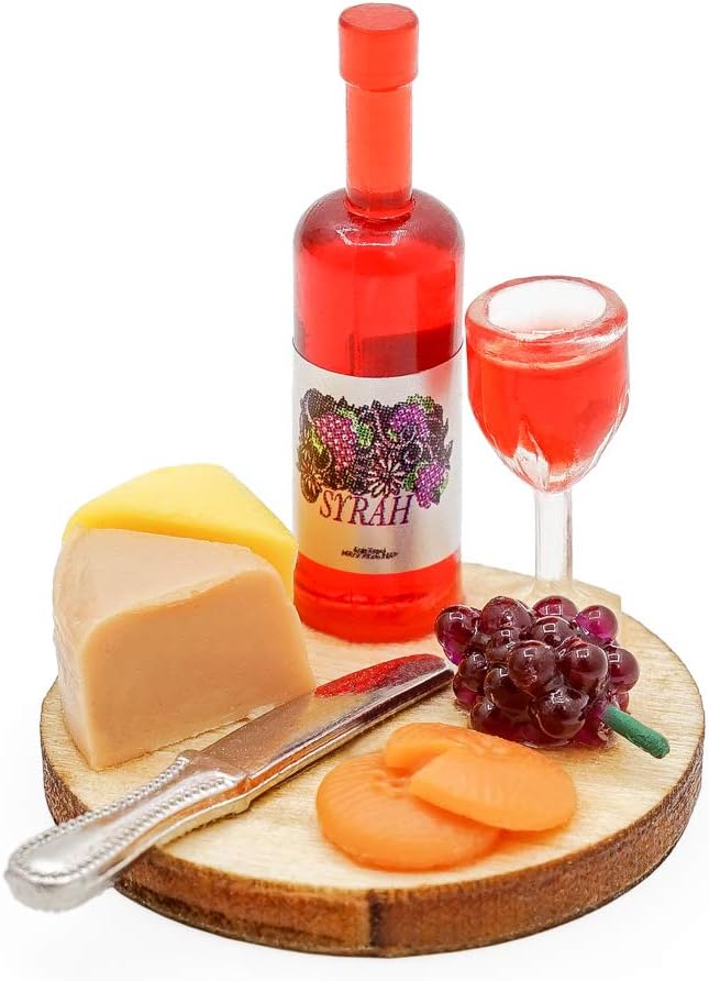 Odoria Dollhouse Wine and Cheese Miniature: 1/24 Scale Cheese Board and Red Wine Bottle for Kitchen Restaurant Bar - Mini Dinner Realistic Food Drinking