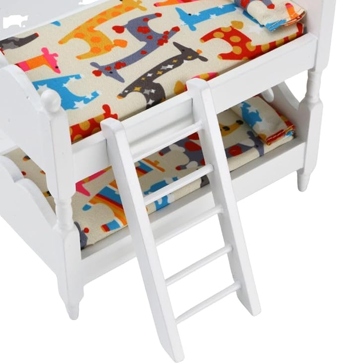 1/12 Scale Dollhouse Bunk Beds – Miniature Wooden Bed Set with Ladder, Realistic Mini Dollhouse Furniture Stuff Accessories, DIY Small Ornament Dolls Decor for Doll House, Tiny Wooden Bedroom
