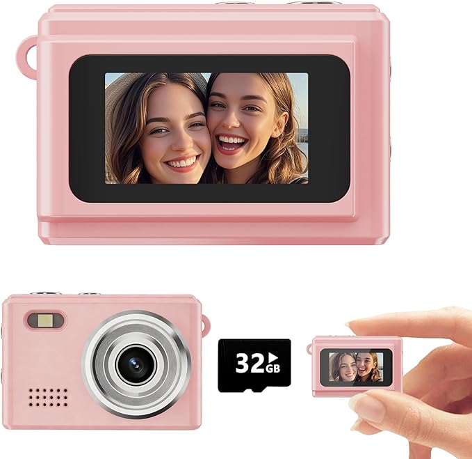 Gift for Teen Boys & Girls - Mini Keychain Camera, 1080P Portable Digital Camera with 0.96" Screen, Includes 32GB Card for 12MP Photo Video, Birthday Graduation Travel(Pink)