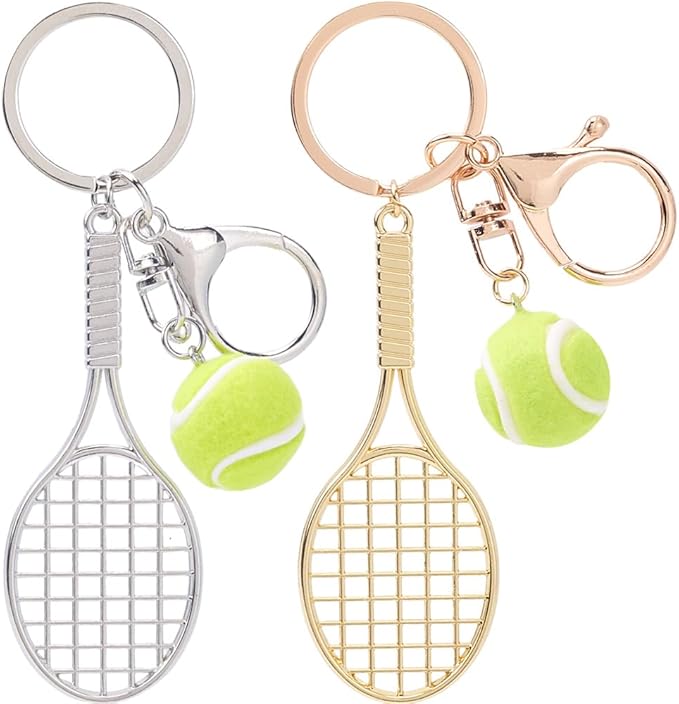 SOFPLATE 1 Box 2Pcs Tennis Bag Charm Mini Tennis Ball Keychain Sports Fan Key Chains Alloy Gold Silver Racket Hanging Metal Pendants Keyrings Charms for Purse Men Backpack Bag Lanyards Decorations