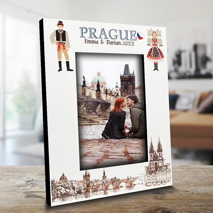 BELLA BUSTA-Personalized Europe Travel Picture Frame– Custom Print Photo Frame with City & Country-Honeymoon, Vacation, Adventure, Favor Keepsake (Prague (Vertical))