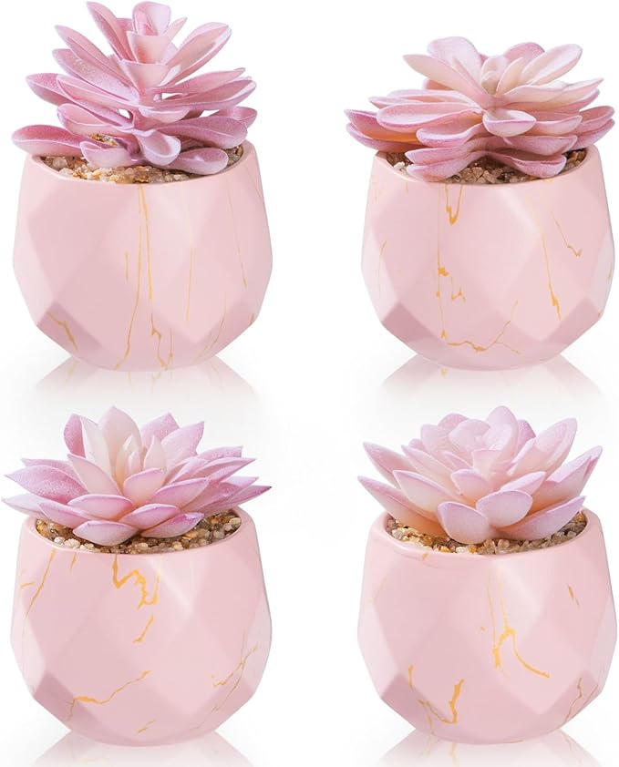 ZENIDA Artificial Succulent Plants in 4 Pink Ceramic Pots, Cute Fake Plants for Vanity Decor, Office, Desk, Bathroom, Kitchen, Bedroom, Shelves Decor for Women, Girls Gift