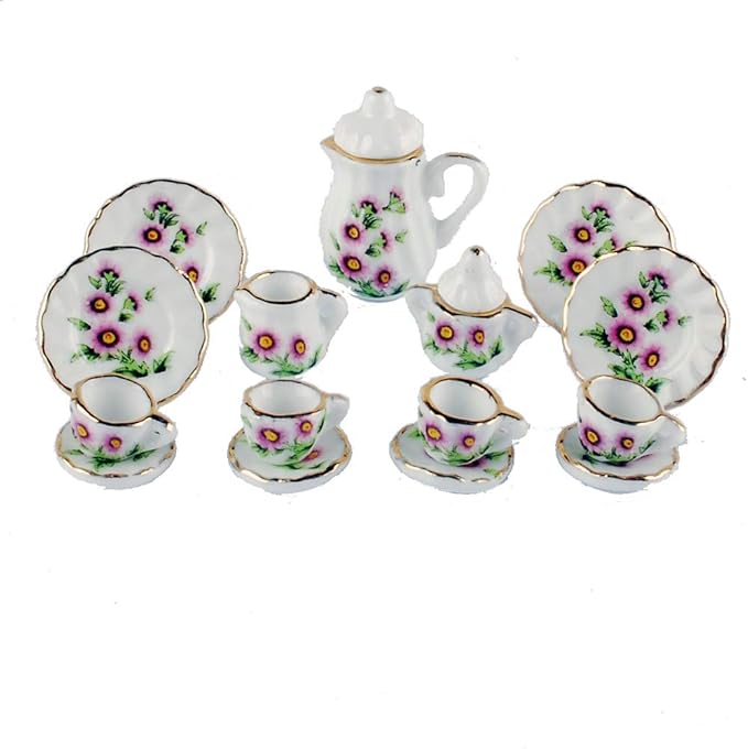 NW 1 Set 15 Pieces 1:12 Ceramics Tea Cup Set Lovely Dollhouse Decoration Set Dollhouse Kitchen Accessories(#12)