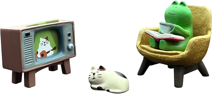 Miniature Frog Figurine Statue, Help Relax Enjoying Tea Time Mini Frog Cat Collection Desk Ofiice Bedroom Decor, Healing Heart Good Mood Indoor Home Decorations with Gift Box -Watching TV