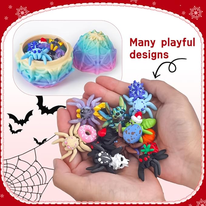 3D Printed Dragon Egg with 10 Unique Spiders, 3D Printed Animals Toys,Stocking Stuffers,Surprise Spider Fidget Toy Set for Party Favors (Rainbow)