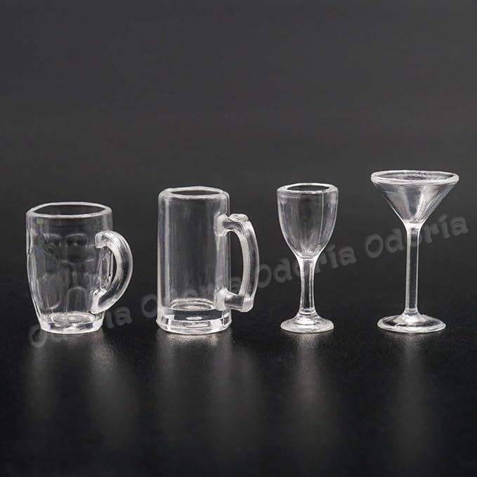 Odoria Dollhouse Drinking Glasses Miniature: 1/12 Scale Wine Cocktail Glass for Kitchen Bar - Mini Beer Mug Stein Highball Glass Clear 4Pcs