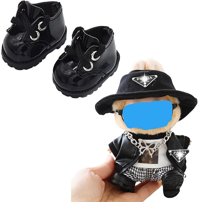Faux Leather Miniature Shoes for 17/15cm Plush Dolls - Cute Monster Collectible Figure Accessories, Easy Fit Soft Stuffed Animal Boots (Black, 17/15cm)