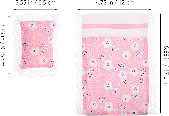 Dollhouse Bedding Accessory Set - Minituare Bed Sheet & Pillow Set Realistic Dollhouse Bedroom Decoration Pink Mini Flower Lace Blanket for Fairy Garde Micro Scene, 6.68X4.72 Blanket