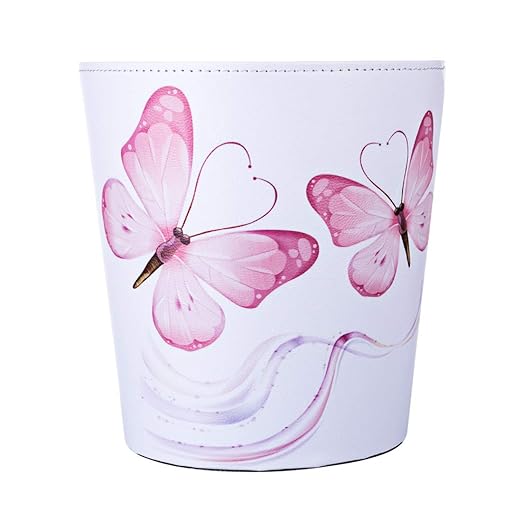 Scakbyer 10L/2.64 Gallon PU Leather Trash Can Decorative Waterproof Wastebasket Paper Basket Garbage Bin for Home Office Bathroom - Pink Butterfly