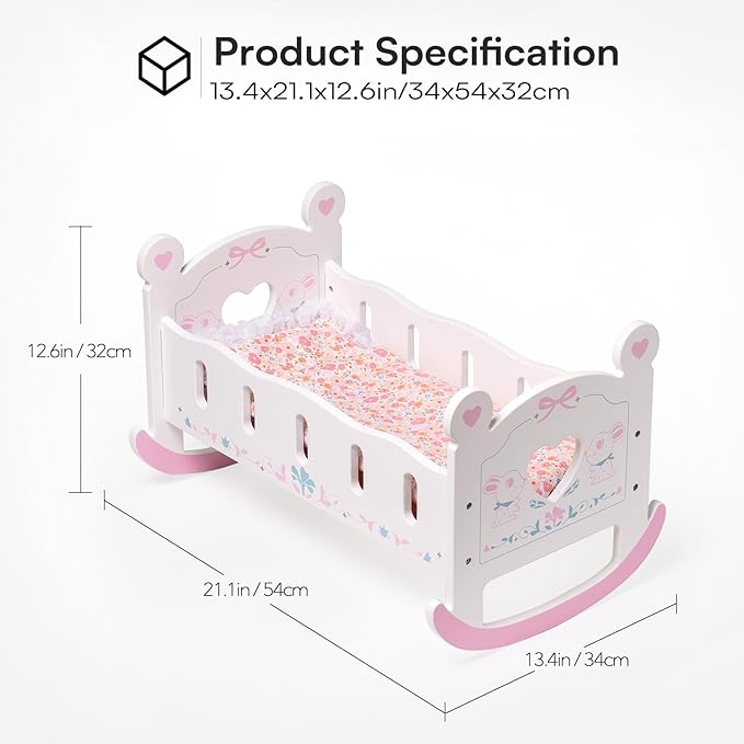 ROBOTIME Baby Doll Crib, Doll Bed for 18–24 Inch Dolls, Wooden Doll Cradle with Mattress, Pillow & Quilt, Pretend Play Doll Furniture Gift for Girls & Boys Ages 3+