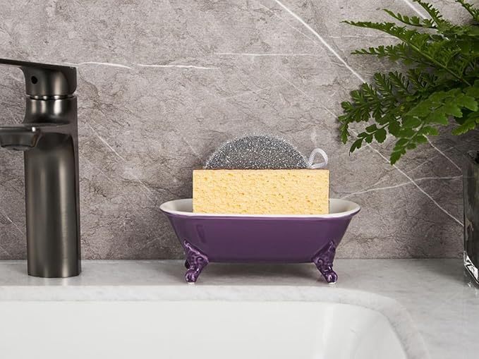 NEWHENGS 6.5" Ceramic Mini Decorative Clawfoot Bathtub Bar Soap Dish, Kitchen Sponge Holder and Shower Tray for Bathroom, 1 Pack(Plum)