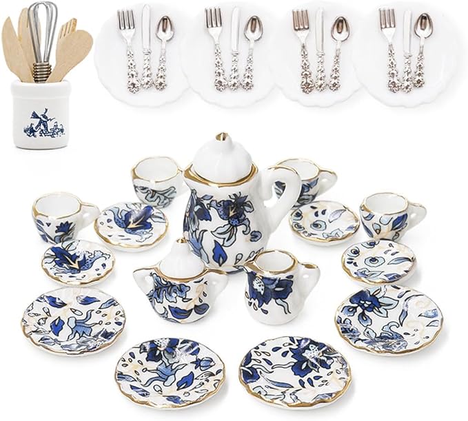 Odoria 1/12 Miniature Porcelain Tea Set Plates and Silverware Kitchen Utensils Dollhouse Accessories, Blue
