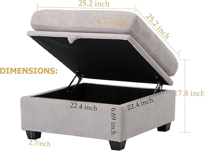 asunflower Ottoman with Storage for Couch 25.2" Square Storage Ottoman Foot Rest for Living Room Large Ottomans for Dorm, Bedroom,Office with Deep Seating(Light Gray)