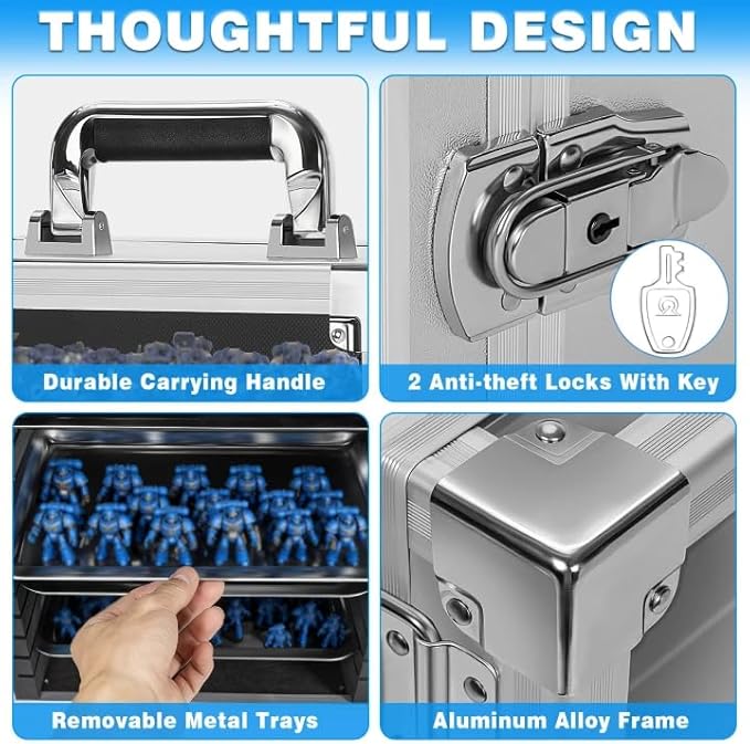 Miniature Carrying Storage Case Aluminum Alloy Frame Transport Case, Miniatures Transport Case with Lock and 5 Metal Tray