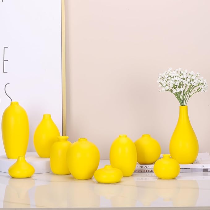 Ceramic Bud Vase Set of 10 - Yellow mini Bud Vases in Bulk Dining Table Centerpieces, Cute Bulk Small Flower Vase for Pampas Grass&Single Flower Decor, Ideal Wedding Window Sill Aesthetic Desk Decor