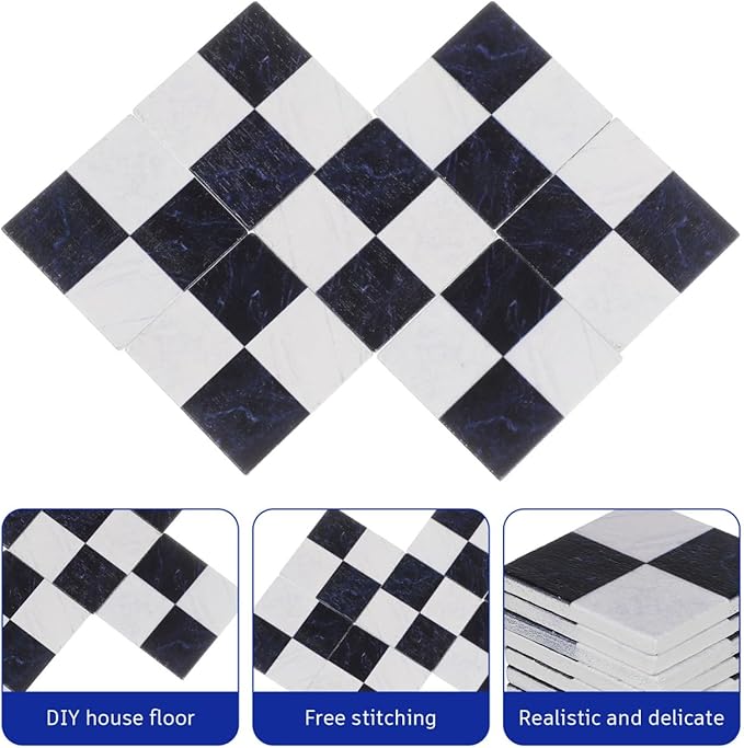 27Pcs Dollhouse Black White Spanish Mosaic Floor Tile Sheet, 1:12 Scale Paintable Miniature Flooring Wallpaper for Dollhouse Accessories DIY Craft Photo Props