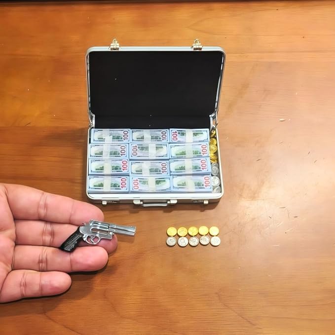 1:6 Scale Miniature Briefcase Set - Includes Fake Gold Bars, Bundles of $100 Mini Dollar Bills, Vintage Coins and Mini Weapons - Unique Adult NoveltyToy & Dollhouse Accessories (Silvery)