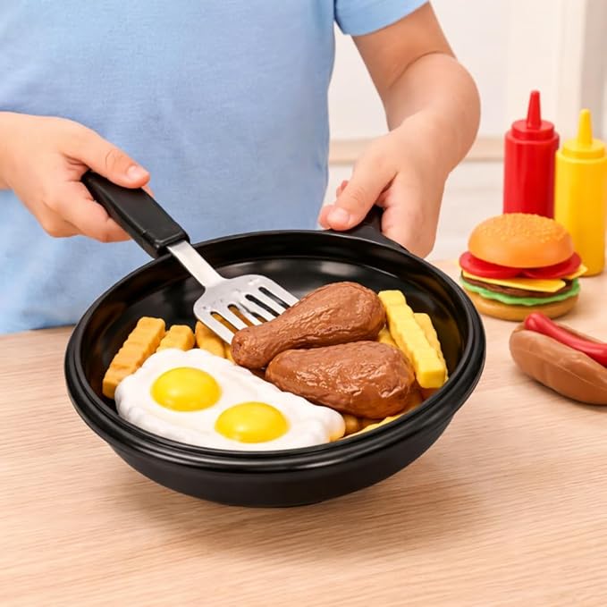 25 PCS Play Food Kids Toy Set with Frying Pan Skillet and Spatula - Kitchen Cooking Pretend Play Toy Grill Set for Toddlers Kids