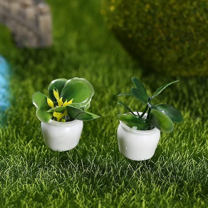 4 Pcs Miniature Potted Plant Set – 1:12 Scale Dollhouse Decoration, Green Bonsai Models with Different Flower Pots, Mini Plants for Desk, Fairy Garden Accessories & DIY Micro Landscape Decor.