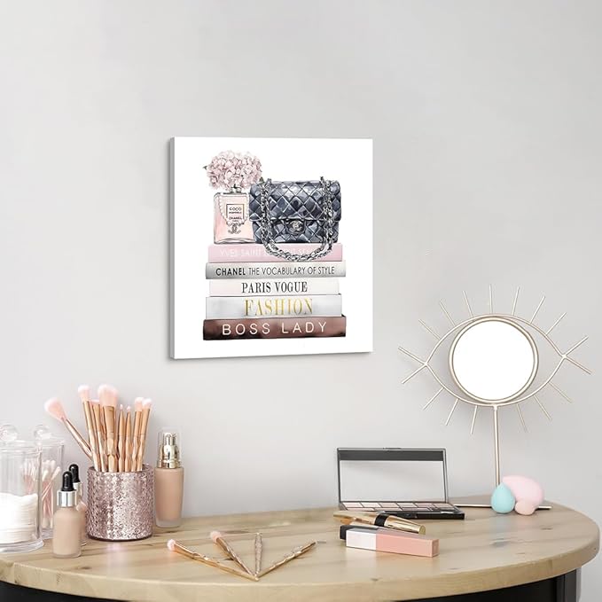 Dream Land Perfume Bottle Canvas Wall Art: Fashion 12"x12" Glam Pink Book Stack Prints for Women Bedroom Makeup Room