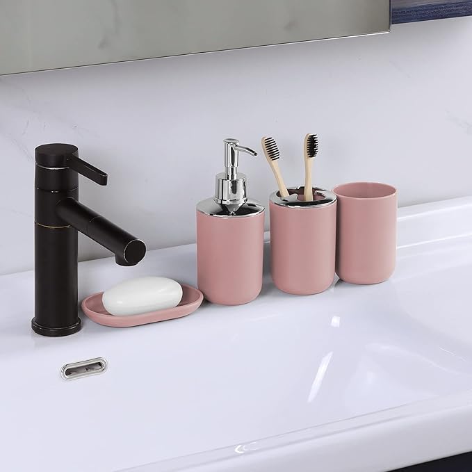 7 Piece Pink Bathroom Set,Soap Dispenser,Toilet Brush,Trash Can & Décor Tray,Complete Accessories for Bathroom Organization & Housewarming Gifts