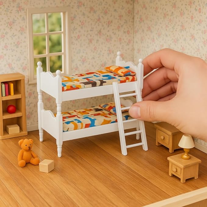 1/12 Scale Dollhouse Bunk Beds – Miniature Wooden Bed Set with Ladder, Realistic Mini Dollhouse Furniture Stuff Accessories, DIY Small Ornament Dolls Decor for Doll House, Tiny Wooden Bedroom
