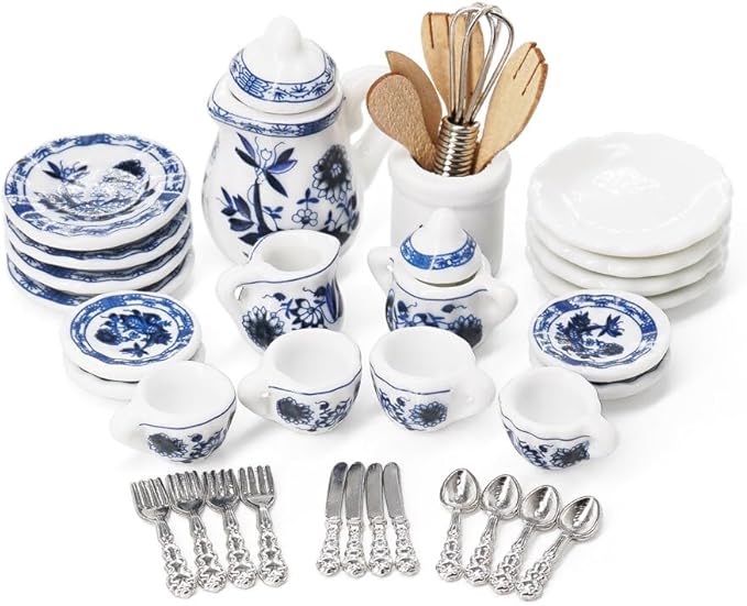 Odoria 1/12 Miniature Porcelain Tea Set Plates and Silverware Kitchen Utensils Dollhouse Accessories, Blue Lotus