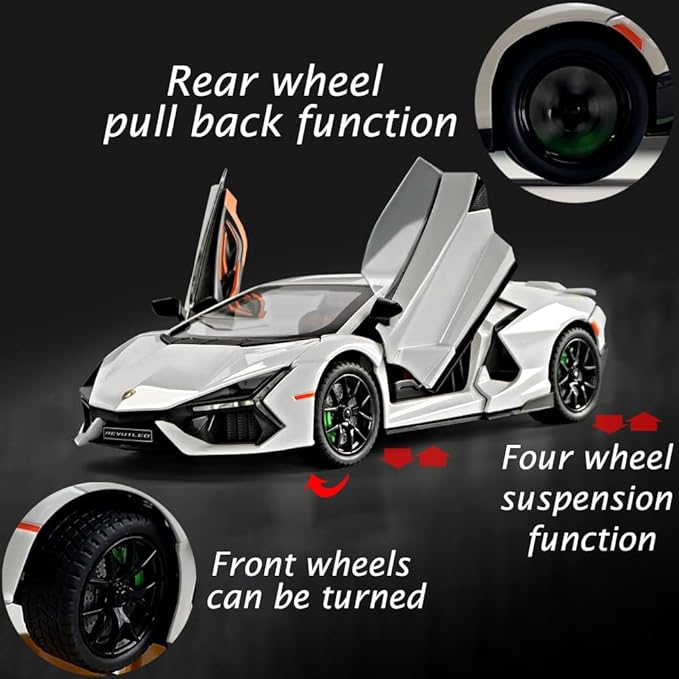 Alloy Collectible 1/24 White Lambo Revuelto Toy Pull Back Vehicles Diecast Cars Model with Light & Sound