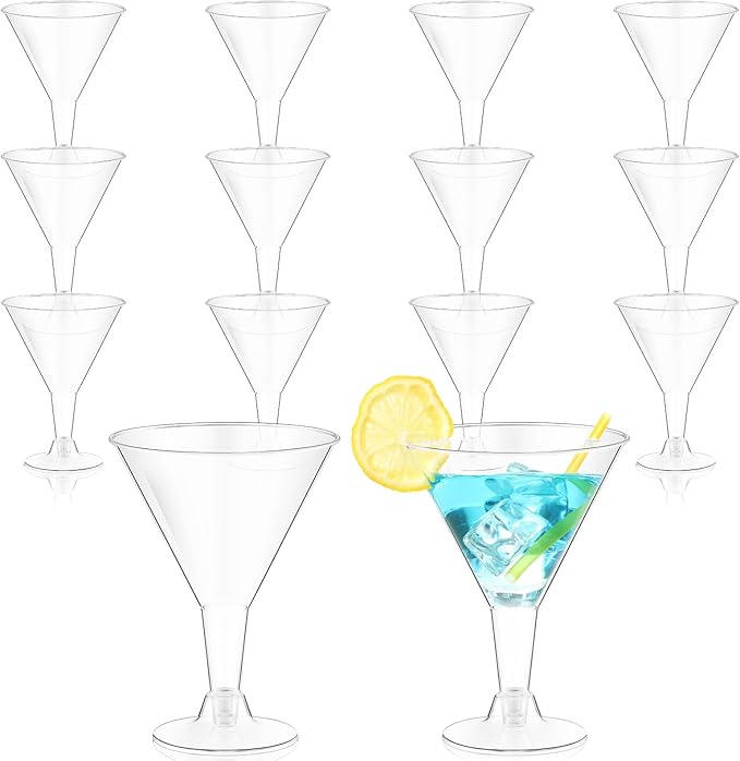 Yinkin 12 Pcs 7 oz Plastic Martini Glasses Disposable Clear Cocktail Dessert Parfait Glasses Unbreakable Mini Martini Cups for Wedding Party Bowl Wine Ice Cream (Stem)