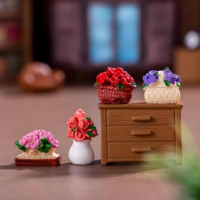 JiuGongmoup 8 Pcs Mini Resin Flowerpot Figurines - Rose, Tulip & Sunflower Potted Flowers, Cute Miniature Plants for Dollhouse Accessories, Desk, Car & Home Decorations, Refreshing Gifts for Girls