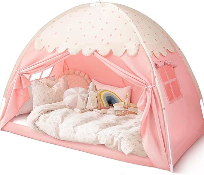 Sherilyn Twin Bed Canopy Tent Toddler, Kids Bed Canopy Indoor on Bed Privacy Space Playhouse Sleeping Blackout Twin Size Tents Bunk Bed Tent for Girl Birthday House Gift, Pink Polka Dot
